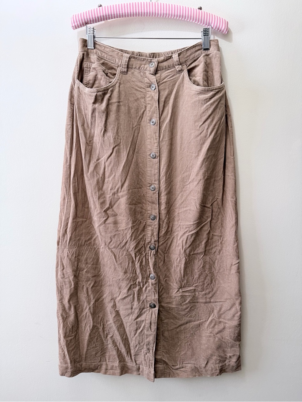 Y2K Tan Corduroy Button Down Midi Skirt Boho Cottage Whimsical Granola Trad Wife